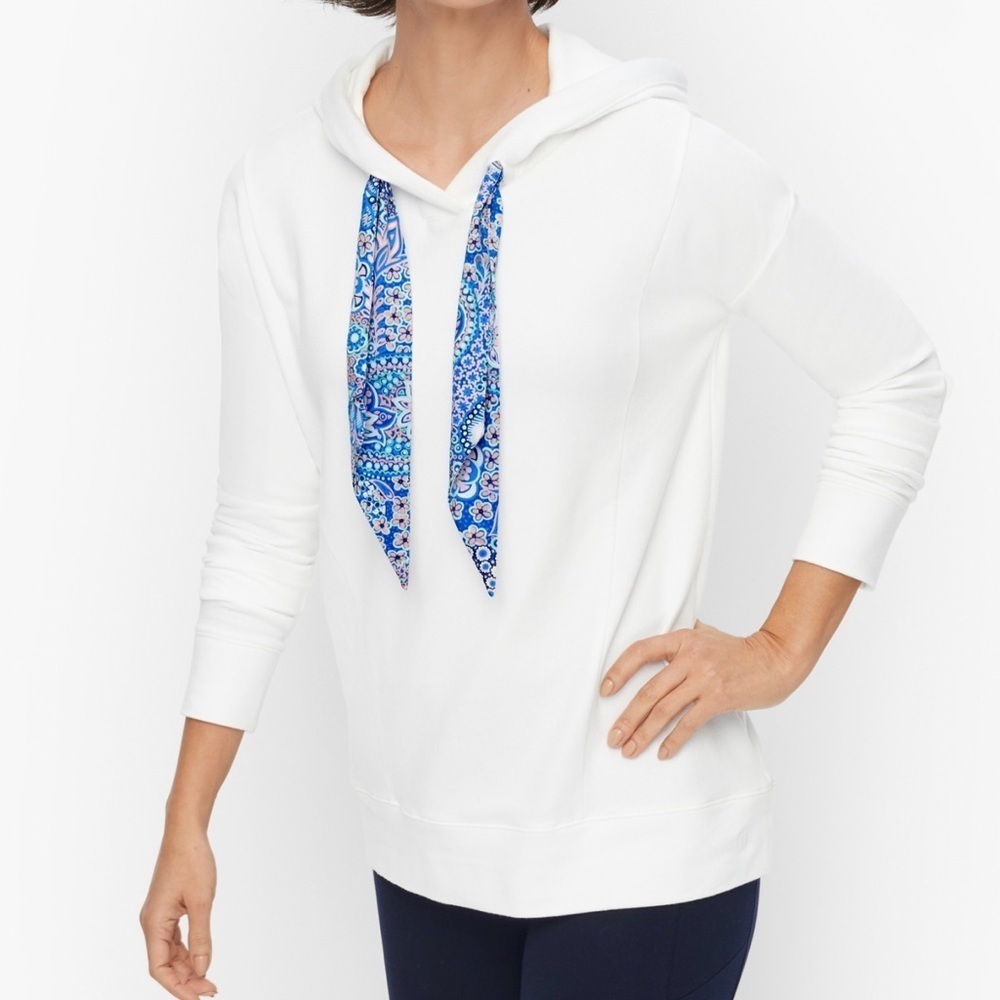 Talbots Drop Shoulder Hooded Pullover Women’s XL White Paisley Scarf Tie Comfy